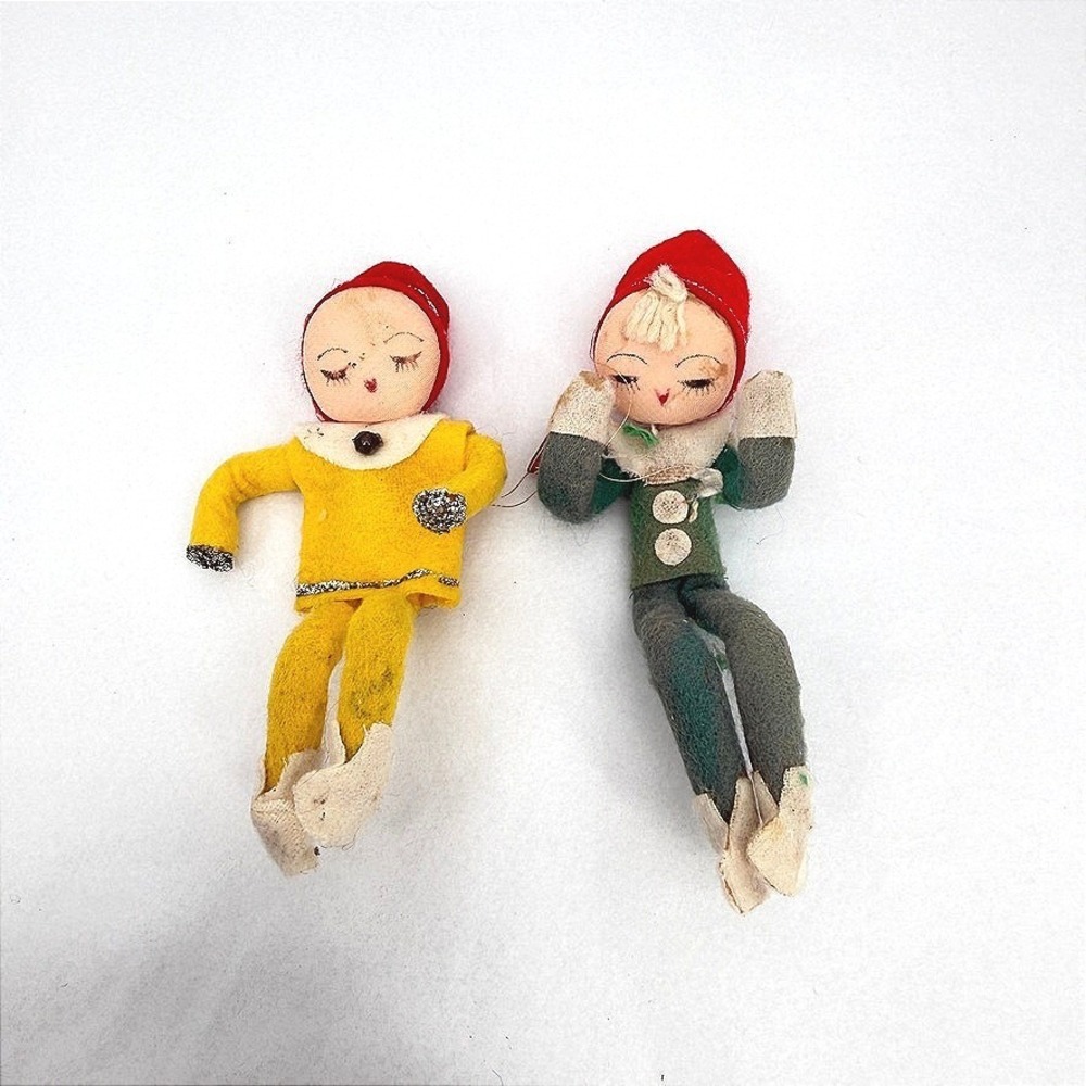 Vintage Felt Pixie Sitting Elf Ornaments Mid Century Christmas Decor 2 Piece SM